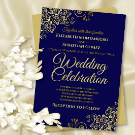 金ゴールドレースのようフィリグリーオンネイビーシンプルエレガントな結婚式 招待状