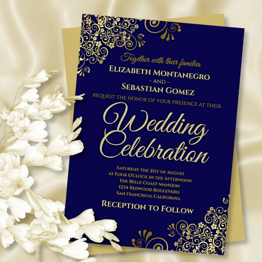 金ゴールドレースのようフィリグリーオンネイビーシンプルエレガントな結婚式 招待状