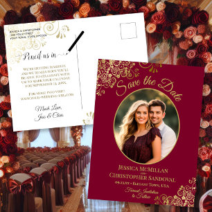 金ゴールドレースのマルーンの結婚式の日付写真を保存 案内ポストカード