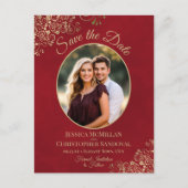 金ゴールドレースの赤い結婚式の日付を保存する楕円形の写真 案内ポストカード (正面)