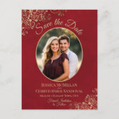 金ゴールドレースの赤い結婚式の日付を保存する楕円形の写真 案内ポストカード (正面)