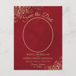 金ゴールドレースの赤い結婚式の日付を保存する楕円形の写真 案内ポストカード