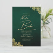 金ゴールドレースエメラルドグリーンAll-in-1ウェディングQR 招待状 (スタンド正面)