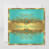 金ゴールドレースエレガントジェイドグリーンティール（緑がかった色）パールパーティー 招待状 (正面)