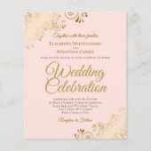 金ゴールドレースエレガントピンクバジェット結婚式招待状 (正面)