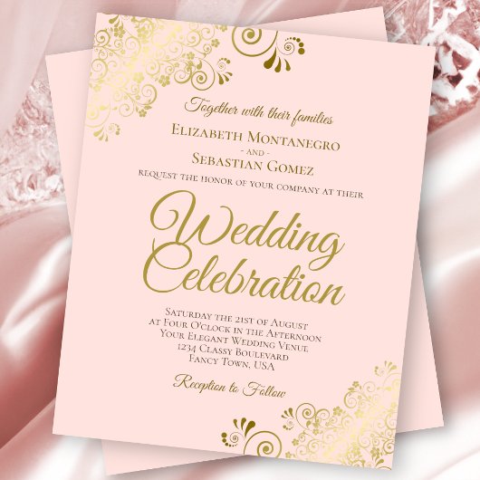 金ゴールドレースエレガントピンクバジェット結婚式招待状