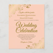 金ゴールドレースエレガントピーチバジェット結婚式招待状 (正面)