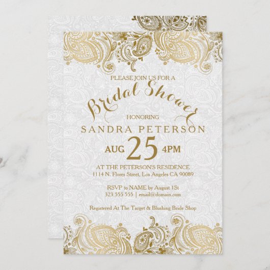 金ゴールドレースエレガントブライダルシャワー招待 招待状 (正面/裏面)