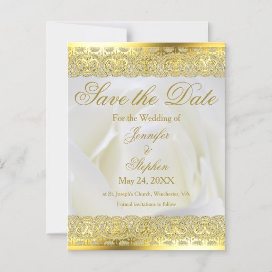 金ゴールドレースエレガントホワイトローズウェディング日付を保存 マグネット招待状 (正面)