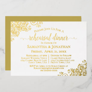 金ゴールドレースエレガントホワイト結婚のリハーサルディナー 箔招待状