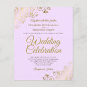 金ゴールドレースエレガント薄紫予算結婚式招待状 (正面)