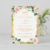 金ゴールドレースエレガント赤面ピンクフローラキンセアニェラ 箔招待状 (立ち正面)