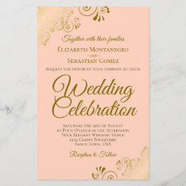 金ゴールドレースオンコーラルバジェット結婚式招待状ラージ