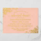 金ゴールドレースオンコーラルピーチ結婚ズリハーサルディナー 箔招待状 (正面)
