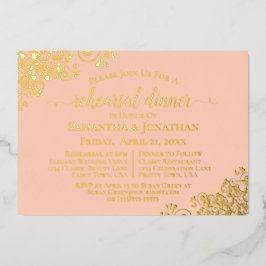 金ゴールドレースオンコーラルピーチ結婚ズリハーサルディナー 箔招待状