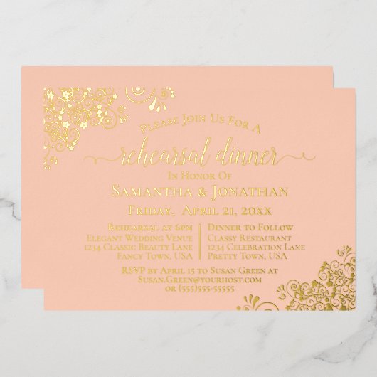 金ゴールドレースオンコーラルピーチ結婚ズリハーサルディナー 箔招待状 (正面/裏面)