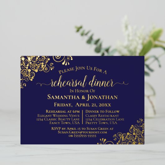 金ゴールドレースオンネイビー結婚ブルーリハーサルディナー 箔招待状 (立ち正面)