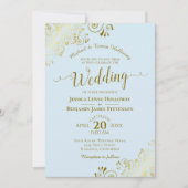 金ゴールドレースオンパウダーブルーフォーマルエレガント結婚ズ 招待状 (正面)