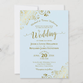 金ゴールドレースオンパウダーブルーフォーマルエレガント結婚ズ 招待状