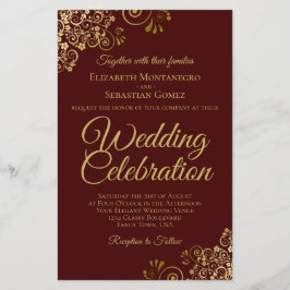 金ゴールドレースオンブラウンバジェット結婚式招待状大