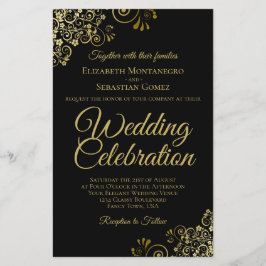 金ゴールドレースオンブラックバジェット結婚式招待状ラージ