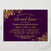 金ゴールドレースオンプラムパープル結婚のリハーサルディナー 箔招待状 (正面)