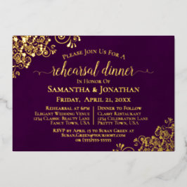金ゴールドレースオンプラムパープル結婚のリハーサルディナー 箔招待状
