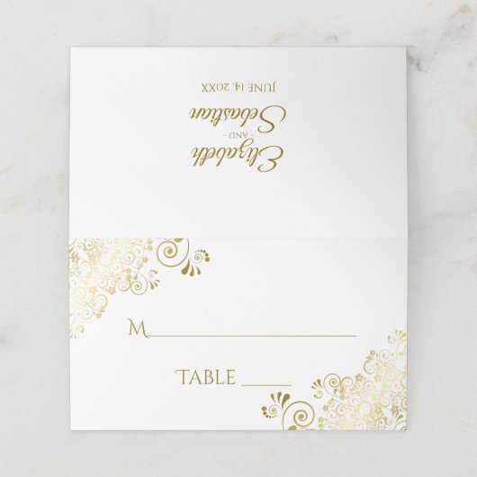 金ゴールドレースオンホワイトエレガント書ウェディング – インプレース プレイスカード (外部開封)