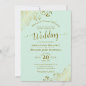 金ゴールドレースオンミントグリーンエレガントフォーマルズ結婚ス 招待状 (正面)