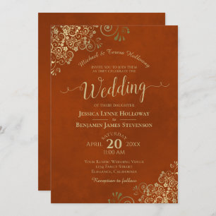 金ゴールドレースオンラストオレンジエレガントフォーマルズ結婚の 招待状