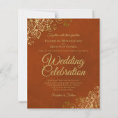 金ゴールドレースオンラストオレンジバジェット結婚式招待状 (正面)