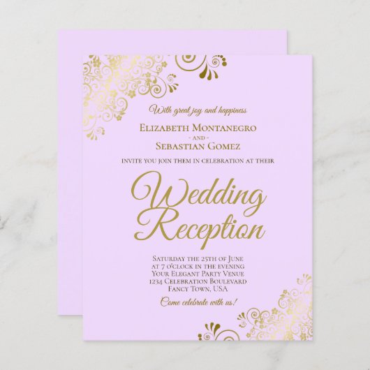 金ゴールドレースオン薄紫ウェディングレセプションバジェット招待状 (正面/裏面)