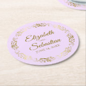 金ゴールドレースオン薄紫パープルエレガントな結婚式 ラウンドペーパーコースター (アングル)