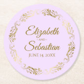 金ゴールドレースオン薄紫パープルエレガントな結婚式 ラウンドペーパーコースター (正面)