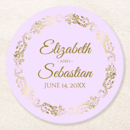 金ゴールドレースオン薄紫パープルエレガントな結婚式 ラウンドペーパーコースター