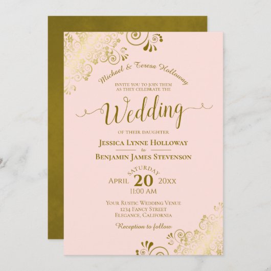 金ゴールドレースオン赤面ピエレガントッフォーマルク結婚ス 招待状 (正面/裏面)