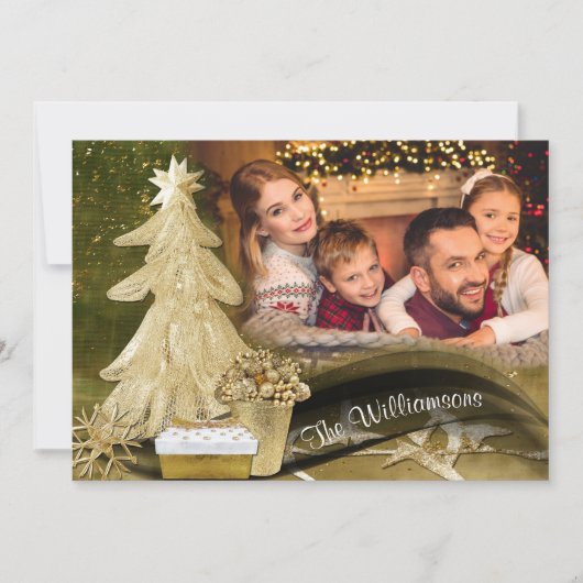 金ゴールドレースクリスマスツリーのクリスマスフォト シーズンカード (正面)