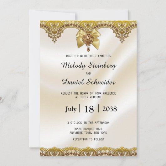金ゴールドレースクリームサテンパールズ結婚ジュエリー 招待状 (正面)