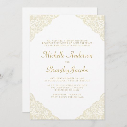 金ゴールドレースコーナーエレガントなウェディング招待状 招待状 (正面/裏面)