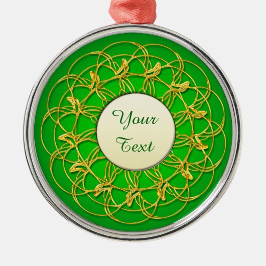金ゴールドレースサークルホワイトサークルグリーン文字付き メタルオーナメント (正面)