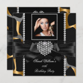 金ゴールドレースダイヤモンドハートワイルドバースデーパーティー写真 招待状 (正面/裏面)