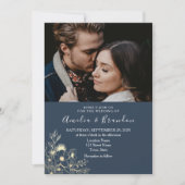 金ゴールドレースネイビーブルー結婚式招待状 招待状 (正面)