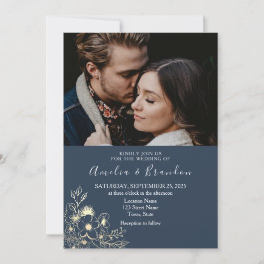 金ゴールドレースネイビーブルー結婚式招待状 招待状 (正面)