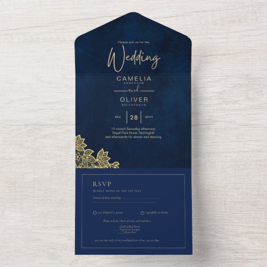 金ゴールドレースネイビーブルーAll-in-1結婚式はQR Coを招待 オールインワン招待状 (内側)