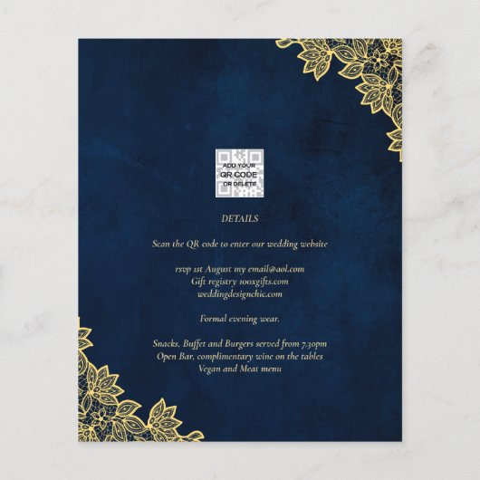 金ゴールドレースネイビーブルーAll-in-1結婚式はQR Coを招待 チラシ (裏面)
