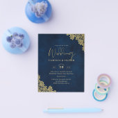 金ゴールドレースネイビーブルーAll-in-1結婚式はQR Coを招待 チラシ (シングル)
