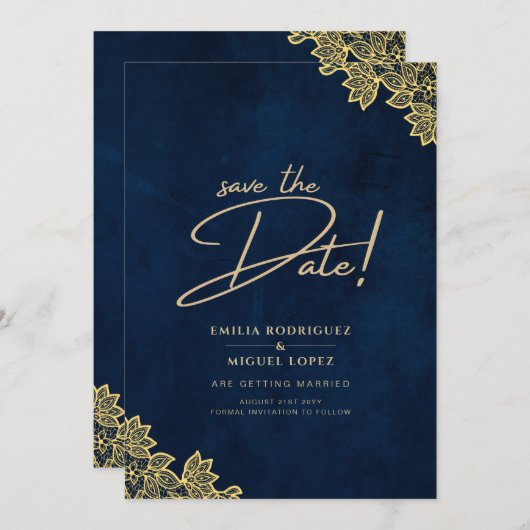 金ゴールドレースネイビーブルーAll-in-1結婚式はQR Coを招待 招待状 (正面/裏面)