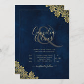 金ゴールドレースネイビーブルーAll-in-1結婚式はQR Coを招待 招待状 (正面/裏面)