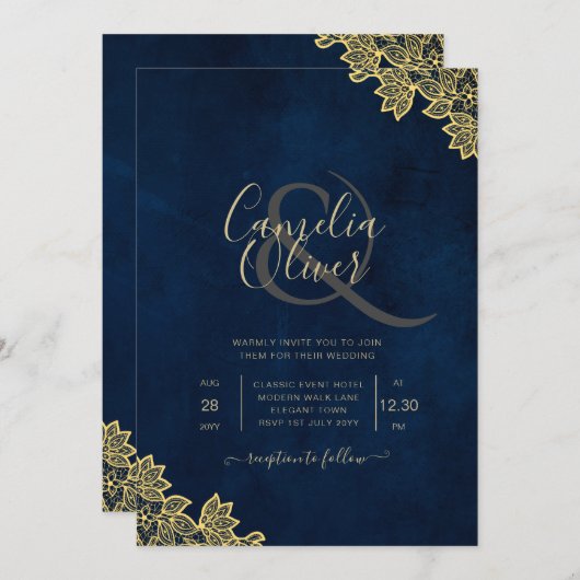 金ゴールドレースネイビーブルーAll-in-1結婚式はQR Coを招待 招待状 (正面/裏面)