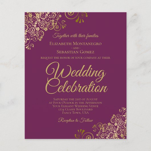 金ゴールドレースバジェットカシスパープル結婚式招待状 (正面)